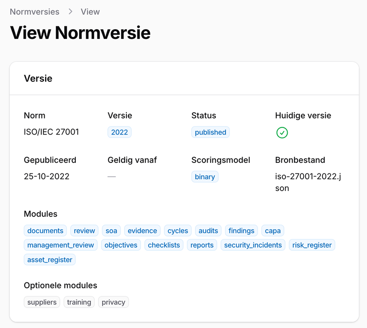 Normversie ISO/IEC 27001 in Veraform met modules en readiness-weging